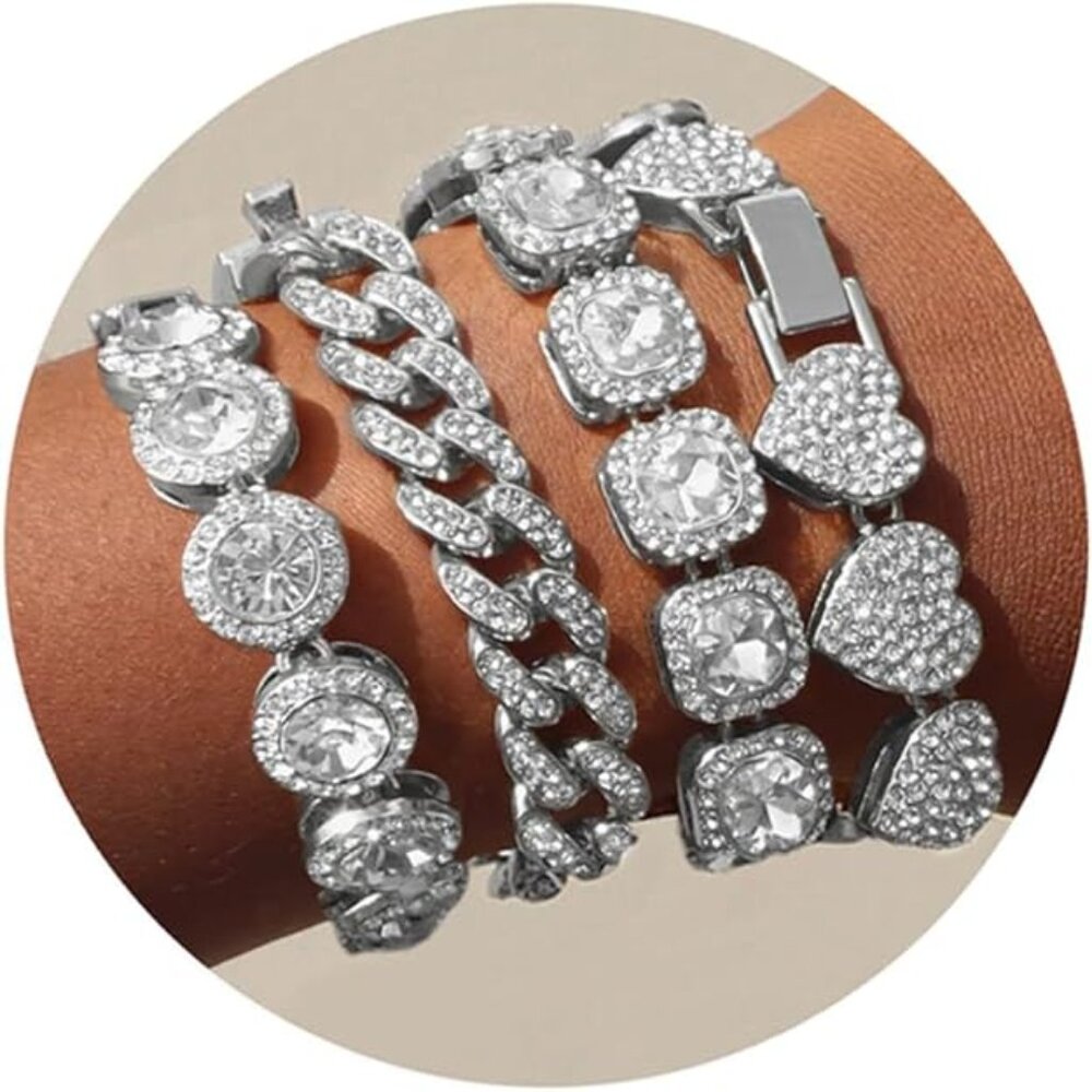 4PCS Women Heart Round Diamond Cuban Bracelet Layered Link Bracelet Set Fashion